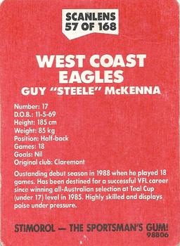 1989 Scanlens VFL #57 Guy McKenna Back